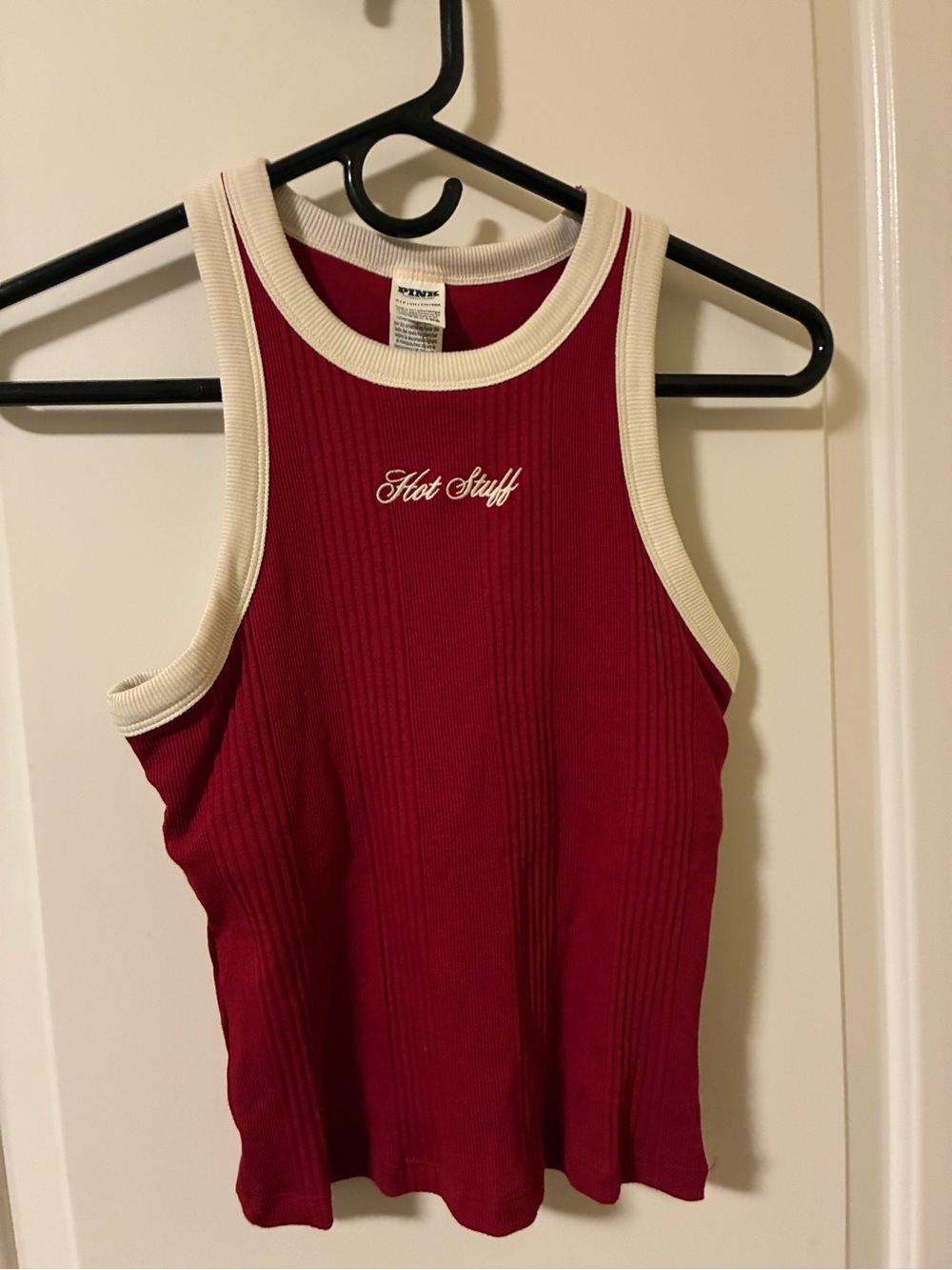 NWT pink Victoria’s Secret Hot Stuff Ribbed crop Tank Top - Red with white Trim